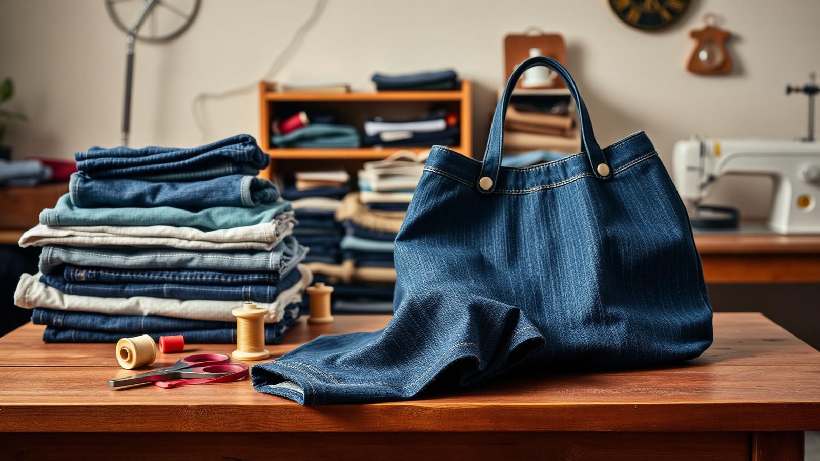 Workshop table with stacked vintage jeans, thread and a handmade denim bag