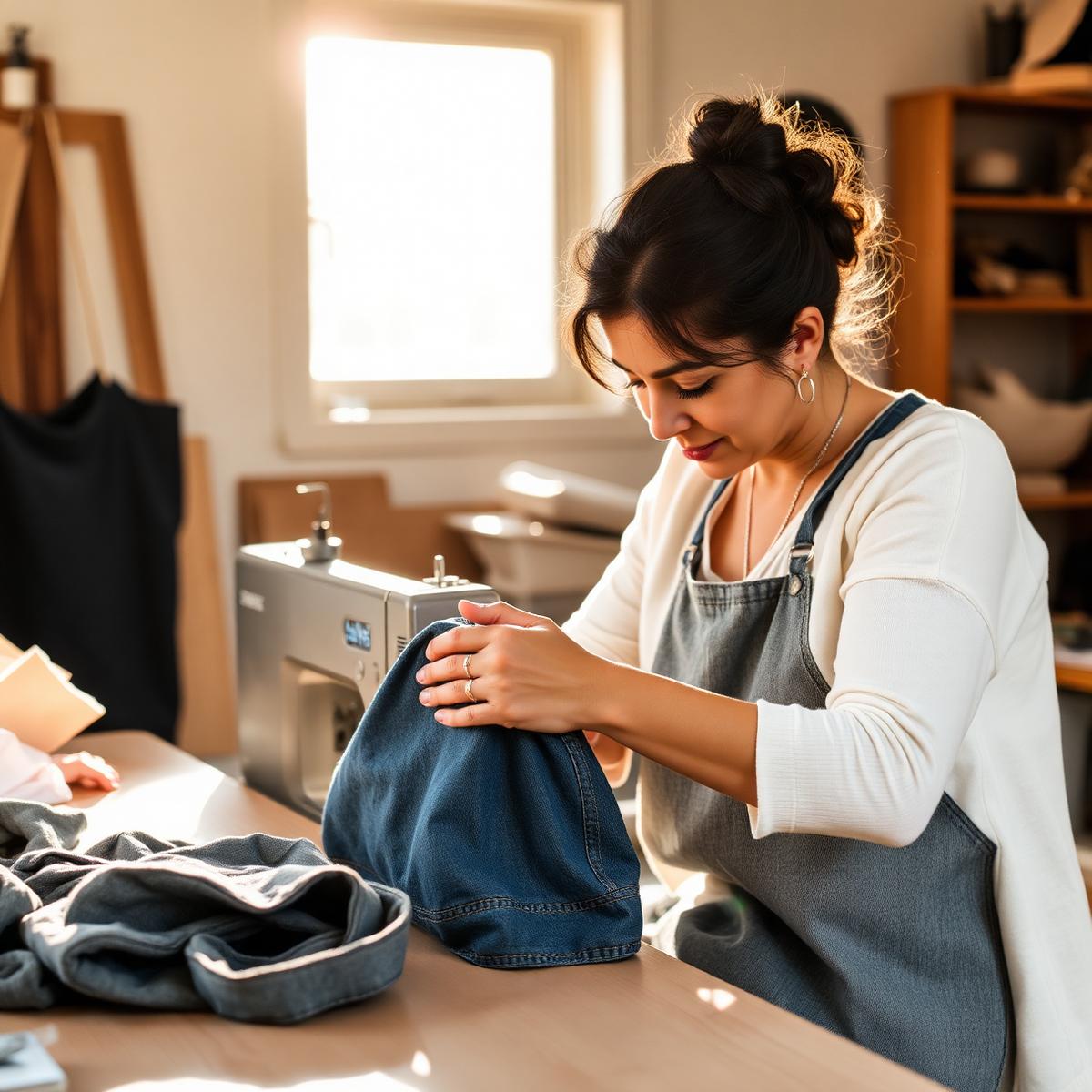 Our founder hand-stitching a denim bag in the workshop